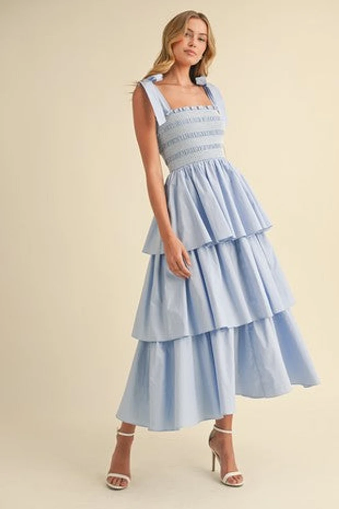 Blue Poplin Smocked Tiered Midi Dress