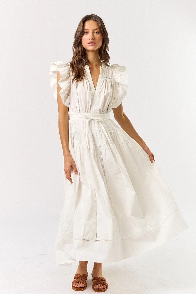 White Ruffle Sleeve Maxi Dress