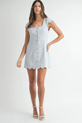 Blue Tweed Scallop Mini Dress