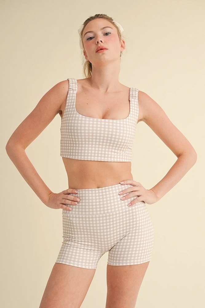 Beige Gingham Print Bra Top