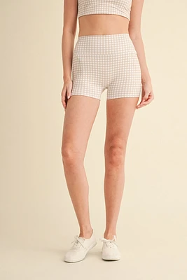 Beige Gingham Mini Shorts