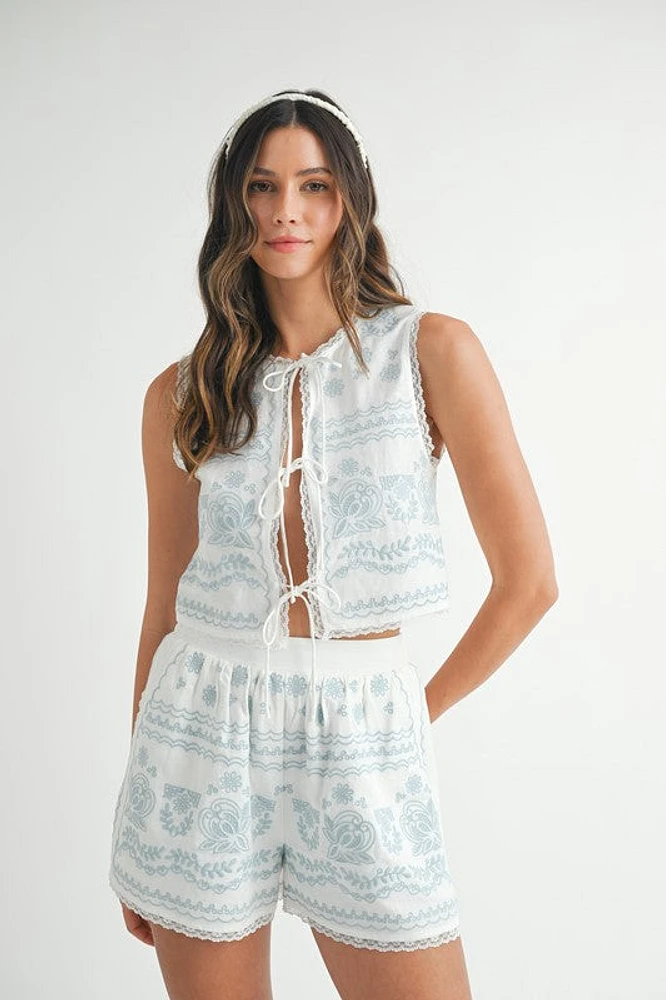 White Embroidered Front Tie Top & Shorts Set