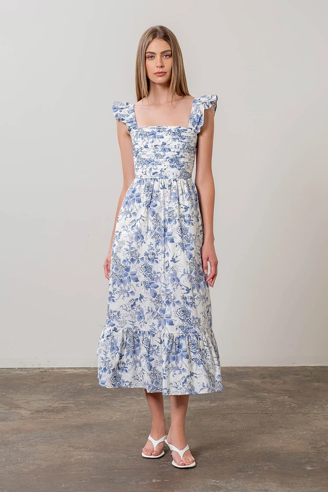Blue Ruffle Tiered Floral Dress