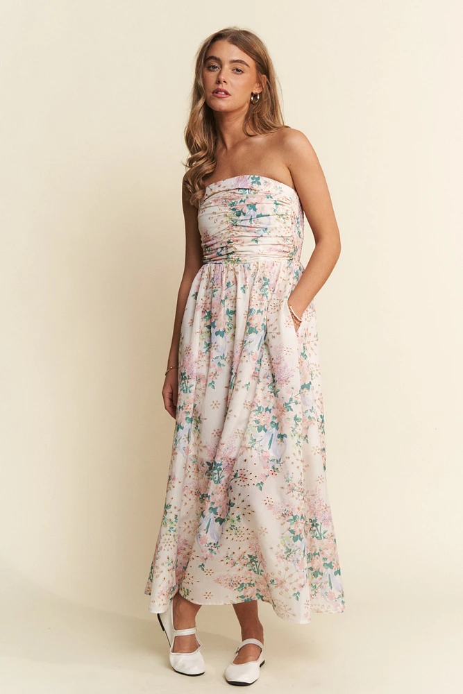 Spring Floral Strapless Midi Dress