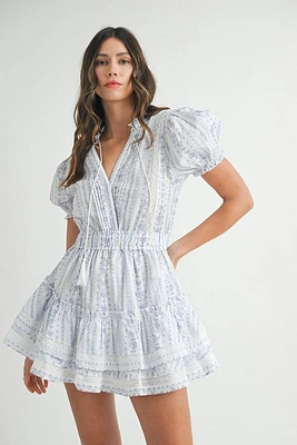 Blue Floral Lace Ruffle Mini Dress