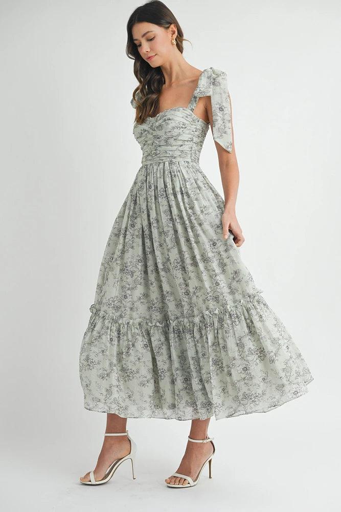 Blue Floral Ruched Midi Dress