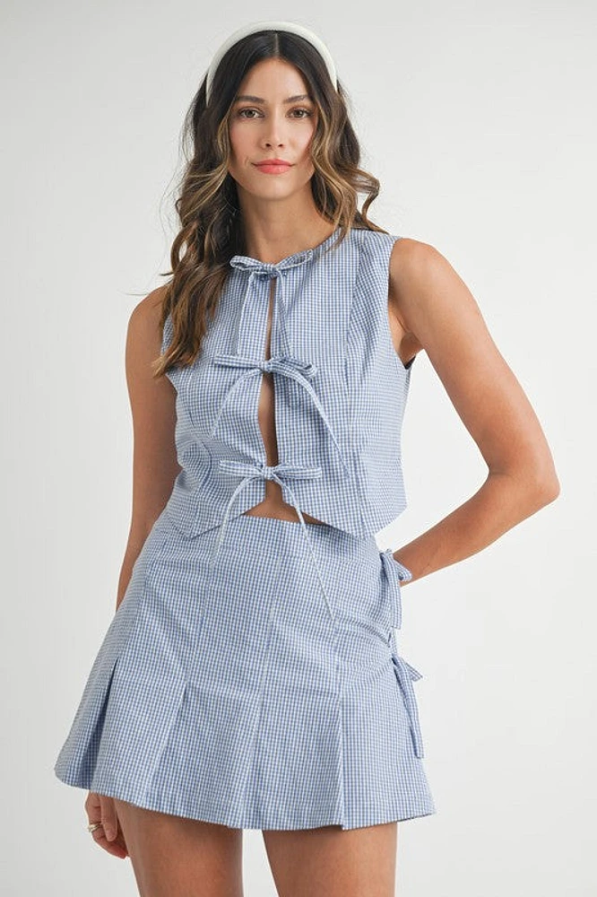 Blue & White Gingham Tie Front Set