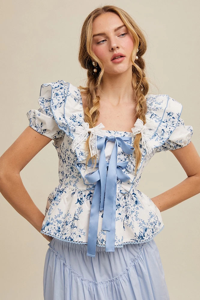 Blue Floral Ruffle Blouse