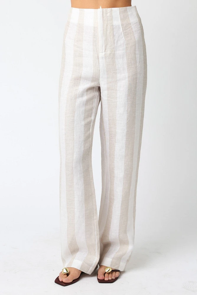 White & Tan Stripe Linen Pant