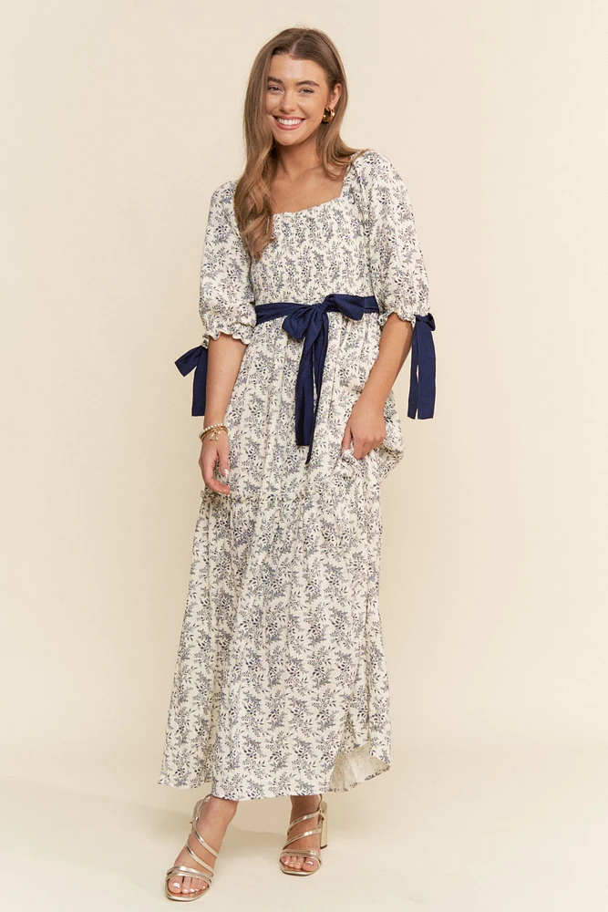 Floral Ribbon Smocked Maxi Dress