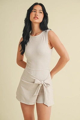 Beige Gingham Wrap Tie Dress