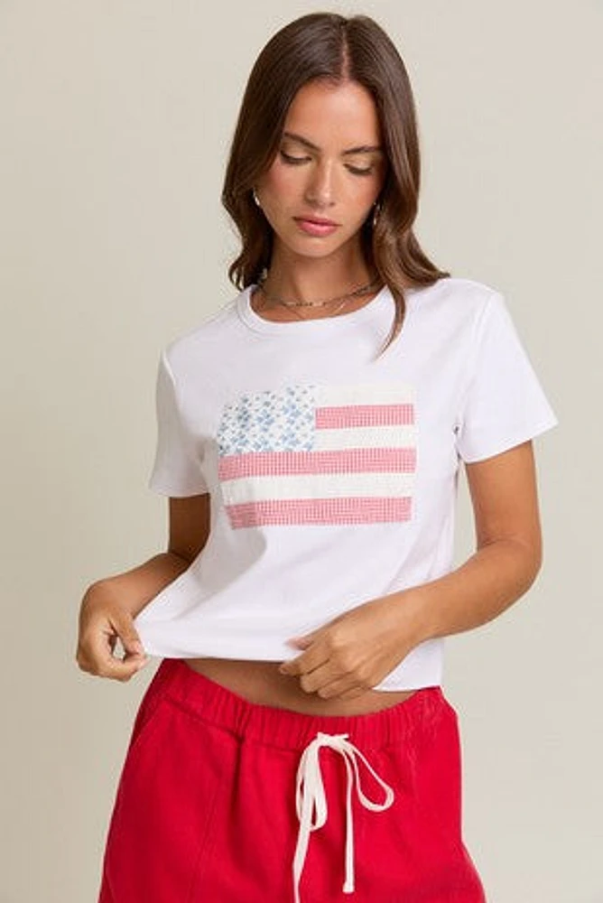 White USA Flag Detail Short Sleeve T-Shirt
