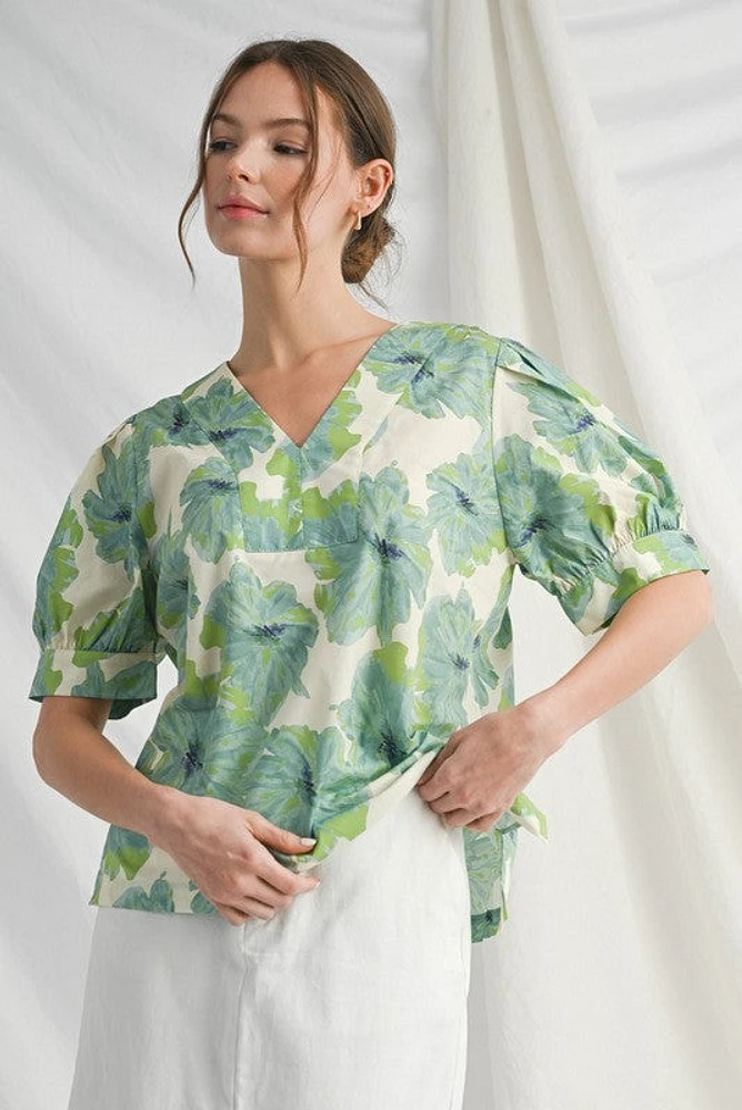 Flower Print Puffed Sleeve Top