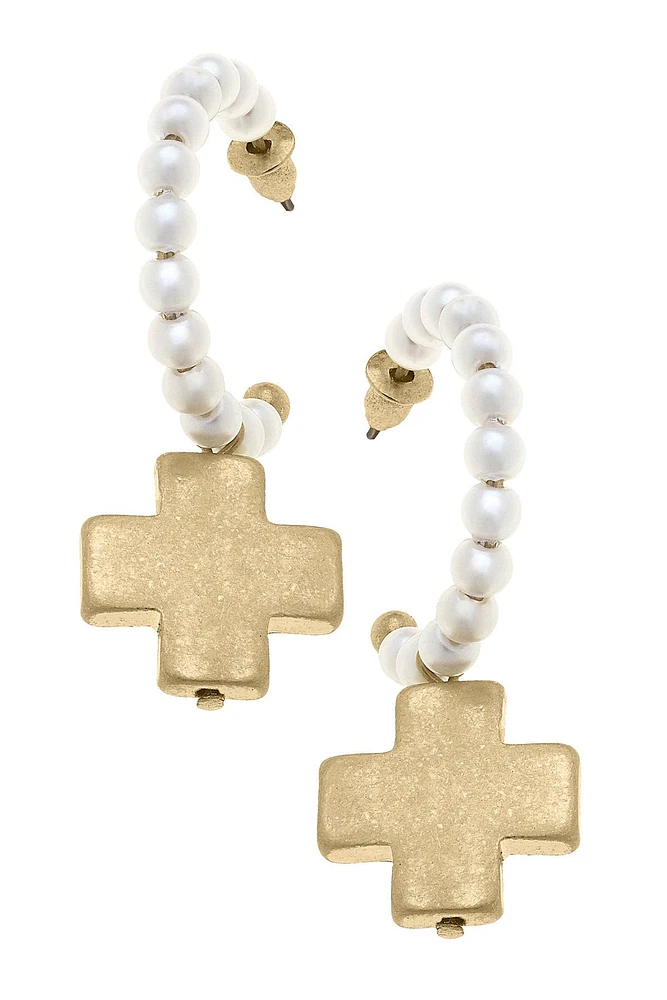 Edith Pearl Hoop Square Cross Drop Earrings in Worn Gold