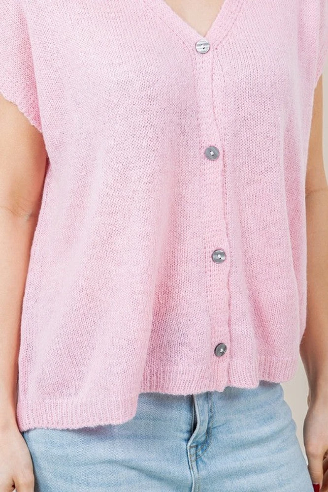 Pink Short Sleeve Button Down Cardigan