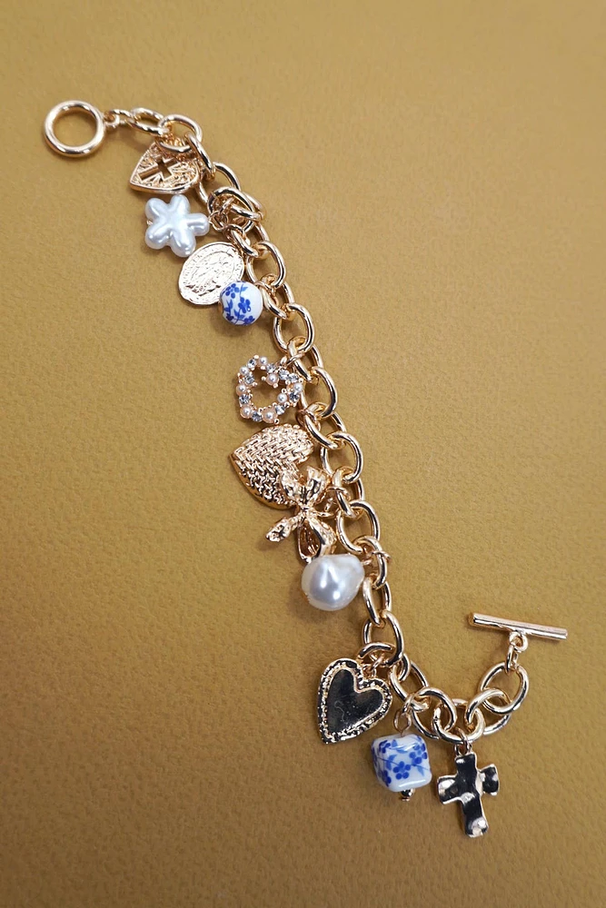 CERAMIC PORCELAIN HEART BOW PEARL CHARM BRACELET