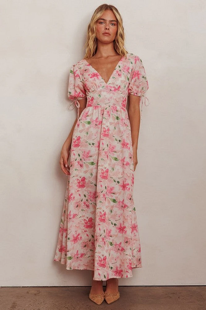 Pink Floral Puff Sleeve Maxi Dress