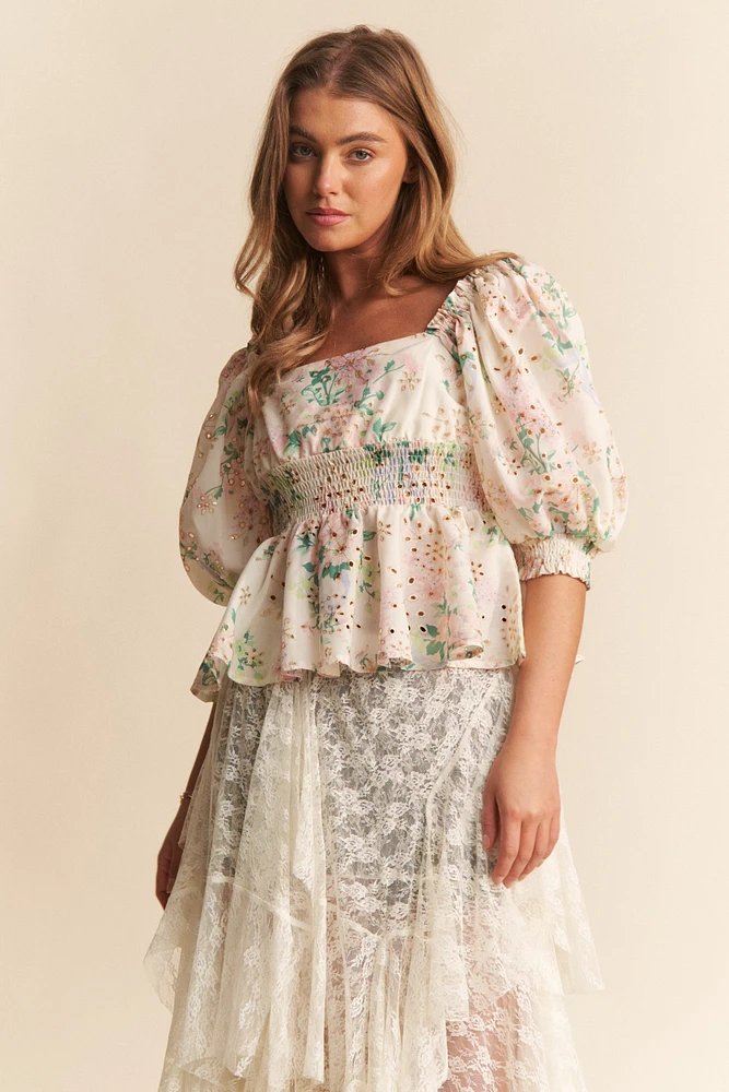 Green Ruched Floral Top