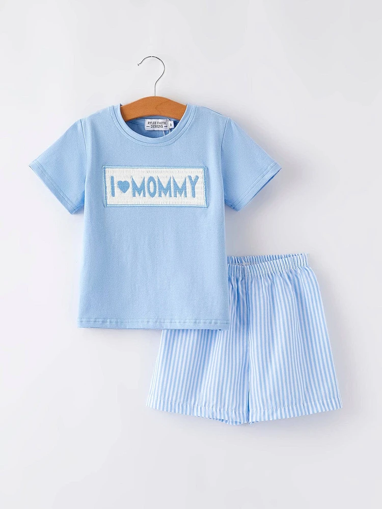 "I Love MOMMY" Embroidery Smocking Baby Boys Striped Shorts Set