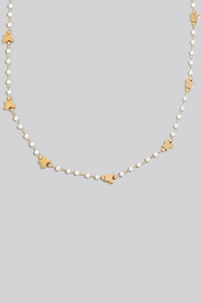 Butterfly And Pearl Beaded Station Chain Necklace