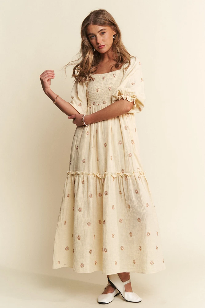 Yellow Floral Embroidered Maxi Dress