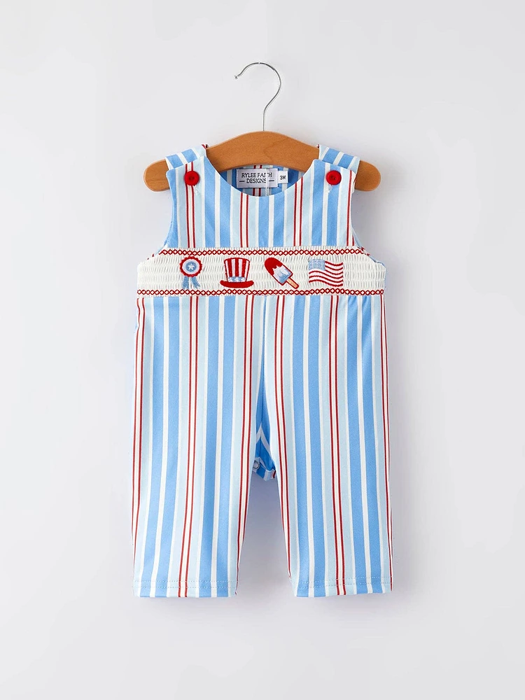 4th of july Toddler Boys Ice Cream Striped Smocking Embroidered Romper