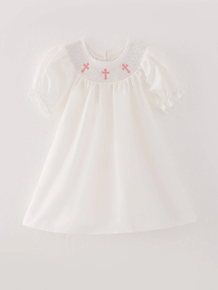 White Smocking Embroidered Crucifix Girls
