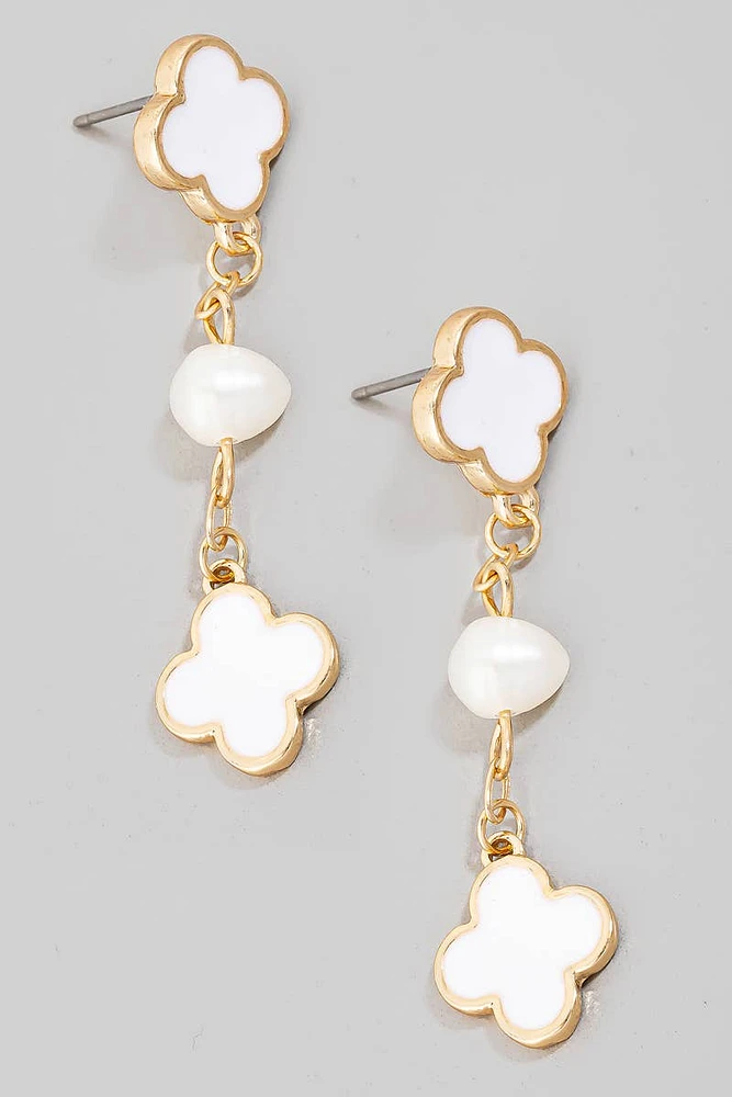 Clover And Fresh Water Pearl Dangle Chain Earrings