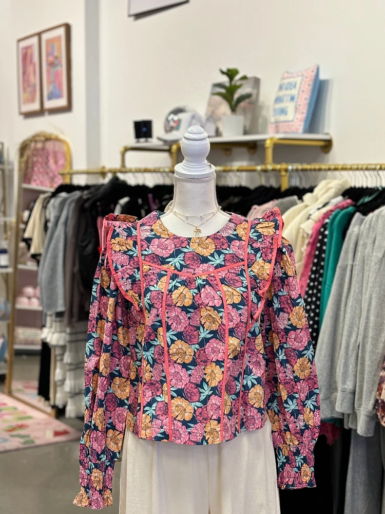 Navy Floral Flutter Sleeve Top