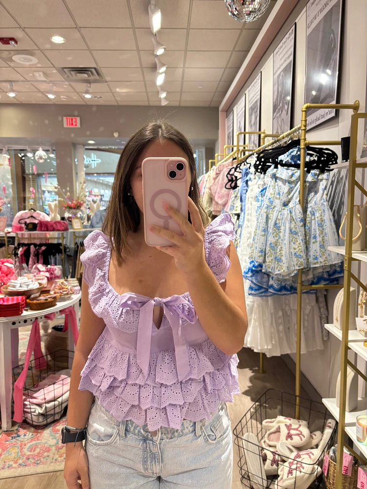 Lavender Eyelet Ruffle Tie Top