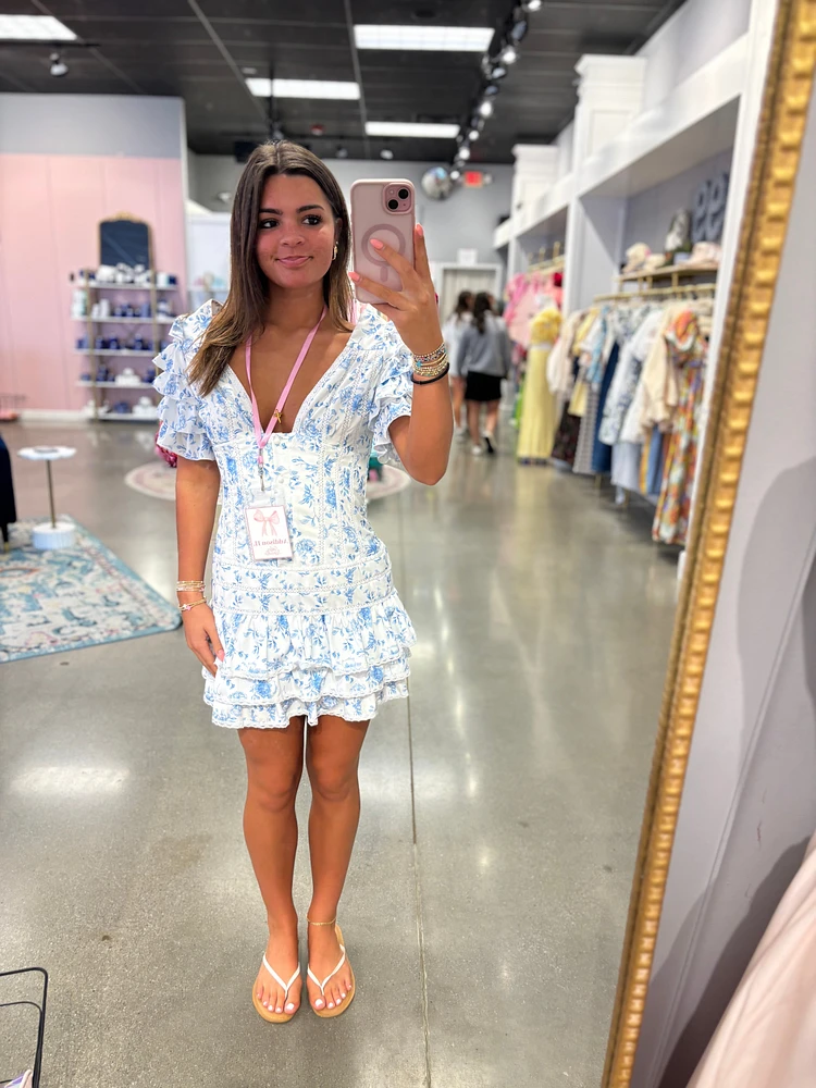 Natalie Floral Ruffle Dress Blue & White