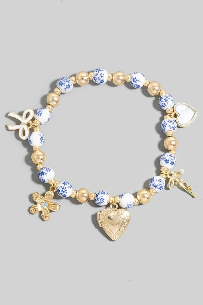 Flower And Heart Locket Charms Floral Ceramic Beaded