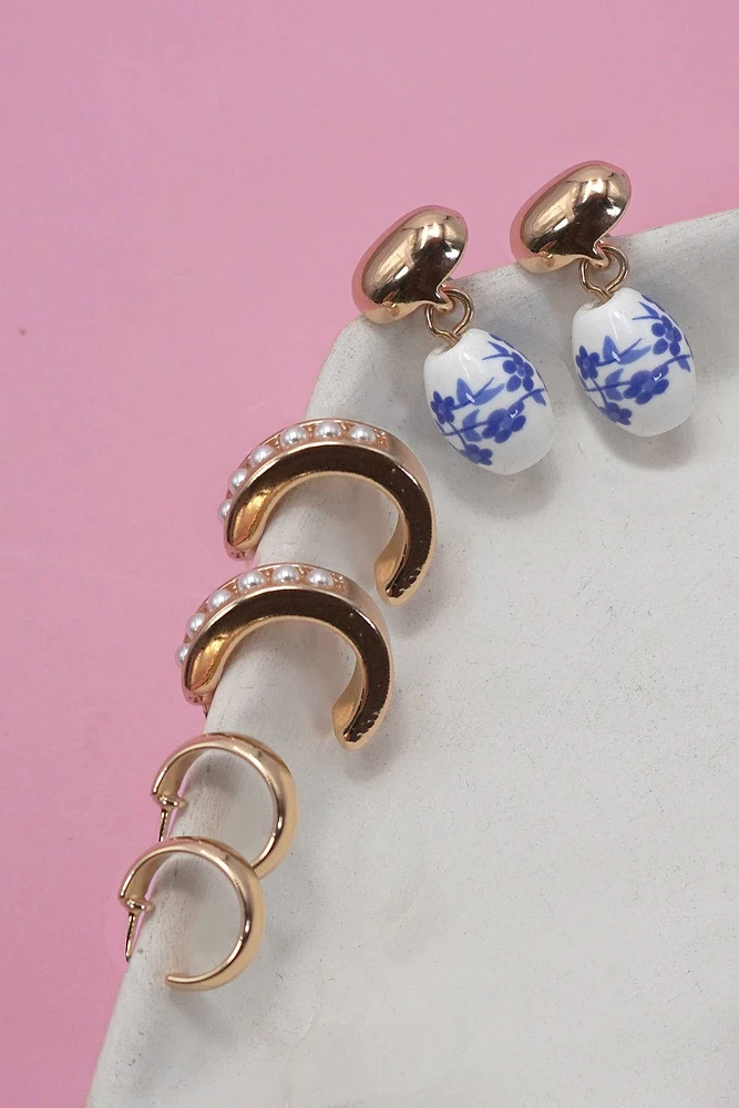 BLUE CERAMIC PORCELAIN TRIO HUGGIE HOOP EARRINGS