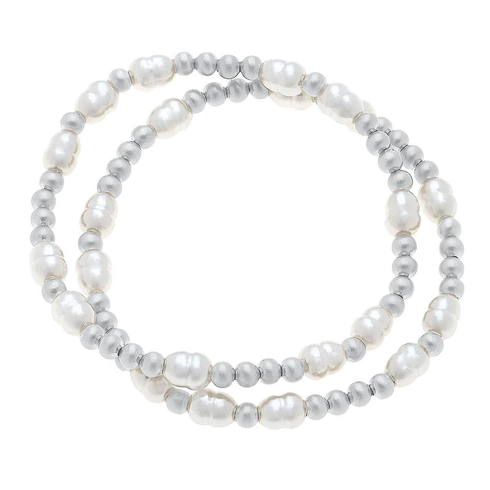Morgan Ball Bead & Pearl Stretch Bracelets (Set of 2) Silver