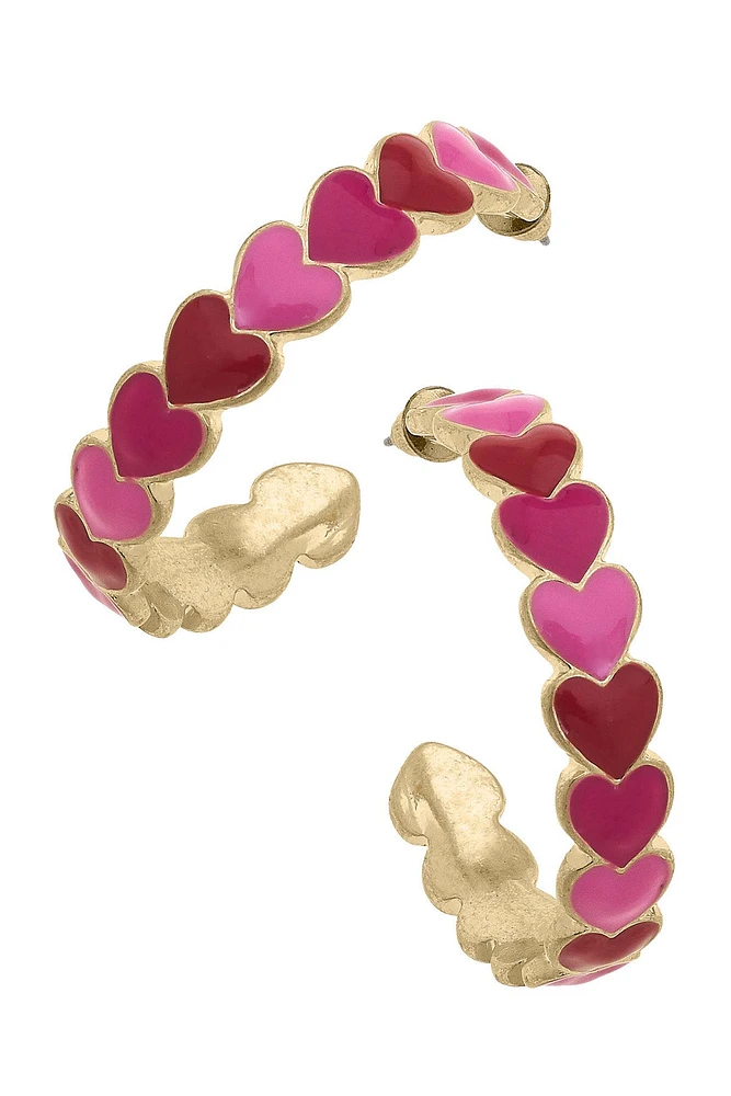 Valentine's Enamel Hearts Hoop Earrings in Pink/Fuchsia/Red