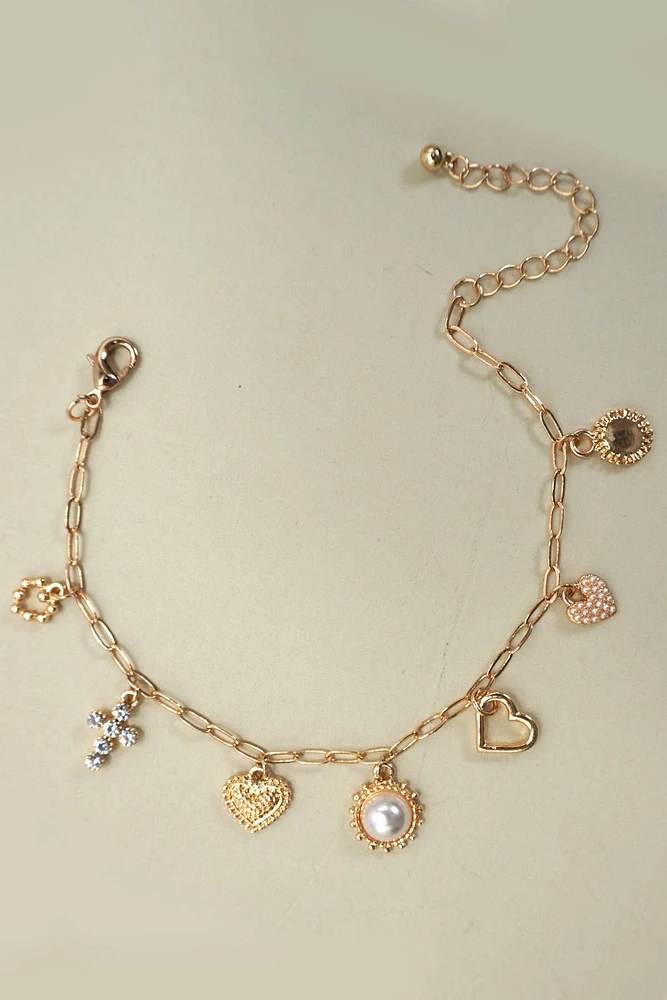 CHARM BRACELET-LINK CHAIN HEART PEARL CROSS CHARMS