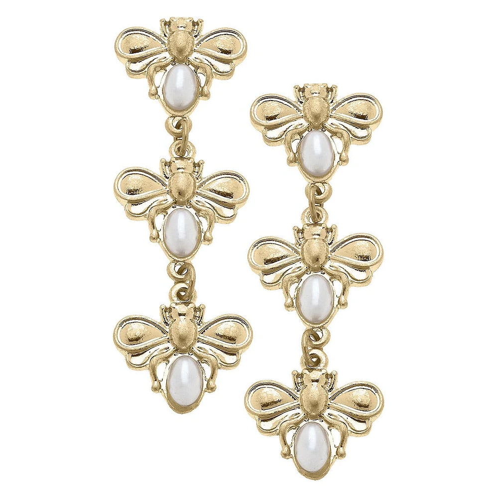 Pearl Bumble Bee Linked Earrings in Worn Gold