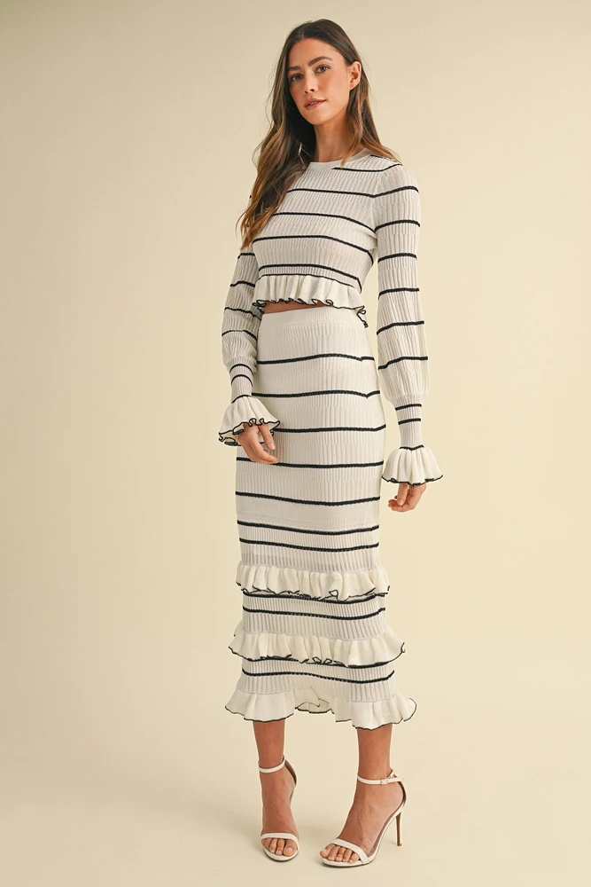 Cream Stripe Ruffle Skirt Set
