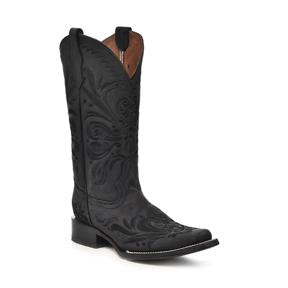 Women's L5464 Filigree Embroidery Square Toe Cowboy Boots Black