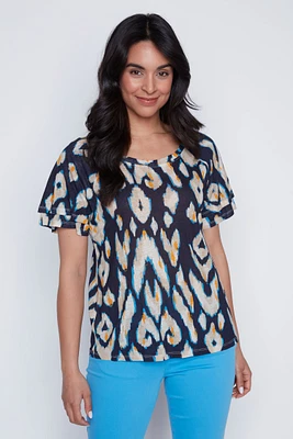 Printed linen blend top