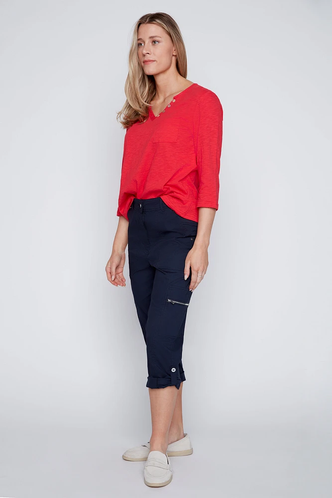 Turn cuff cotton poplin capri
