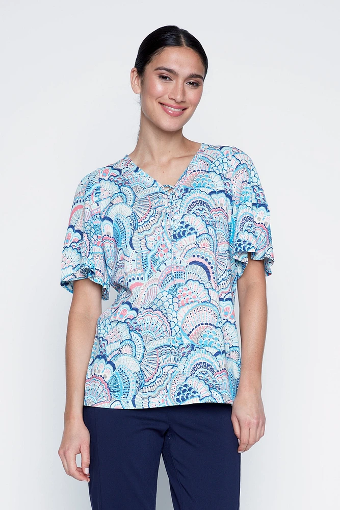 Bell sleeve shell print top