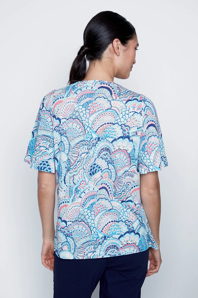 Bell sleeve shell print top