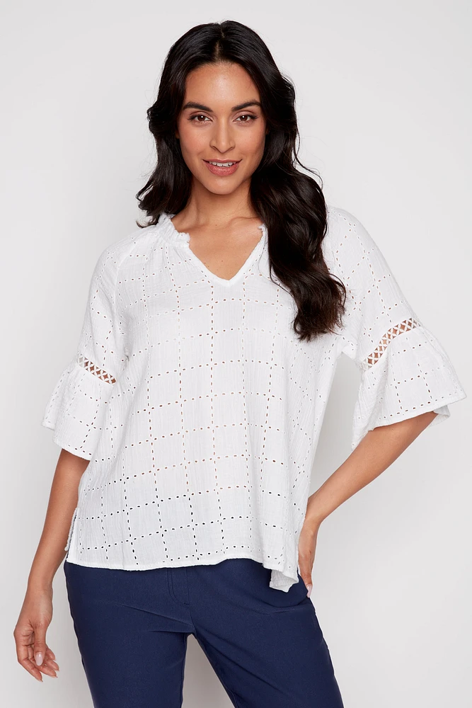 Cotton gauze eyelet top