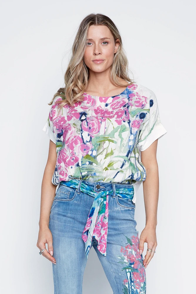 Floral print linen blend top