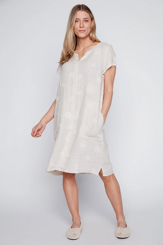 Circle embroidery linen dress