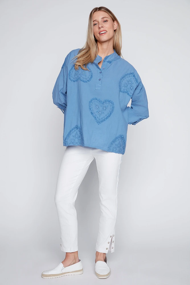 Heart embroidery cotton blouse