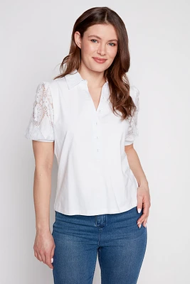 Lace sleeve knit polo