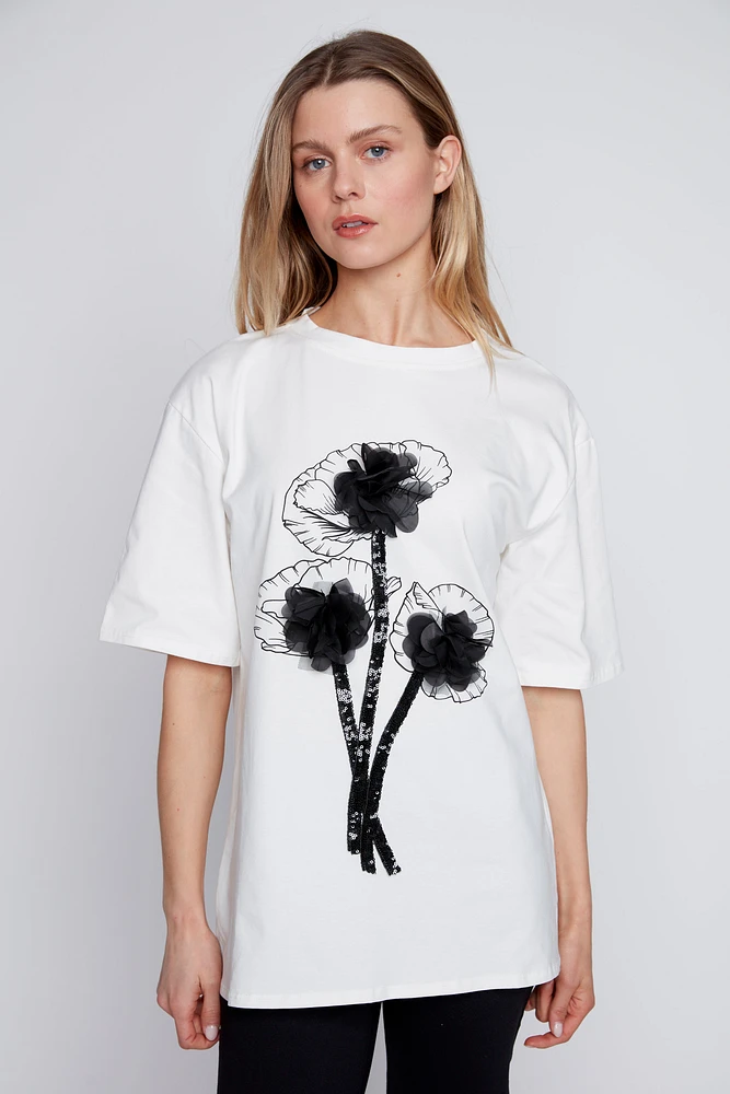 Flowers with lace cotton t-shirt