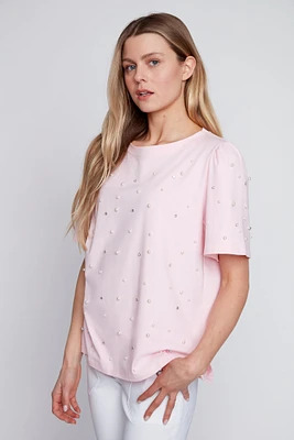 Le t-shirt en coton uni avec détail de perles